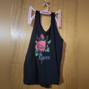 Black Tank Love Rules with Pink Rose Graphic